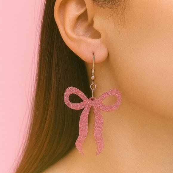 Pink Glitter Bow Earrings — Cute Girly Statement Dangles - Picture 2 of 4